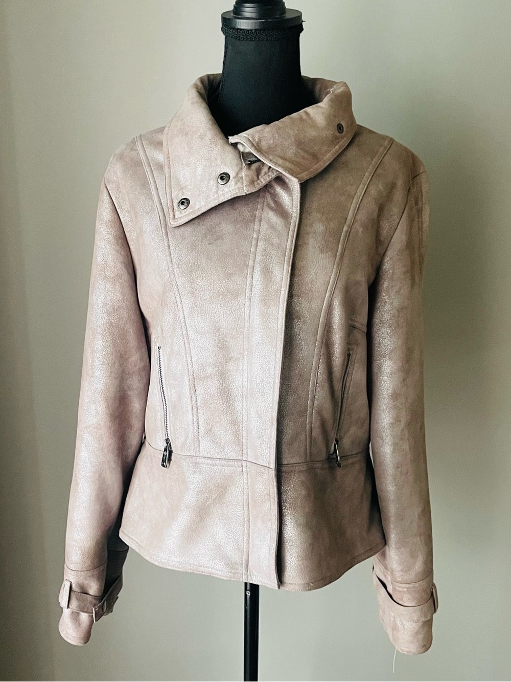Via SPIGA Pink Metallic Faux Leather and Faux Shearling Moto Jacket